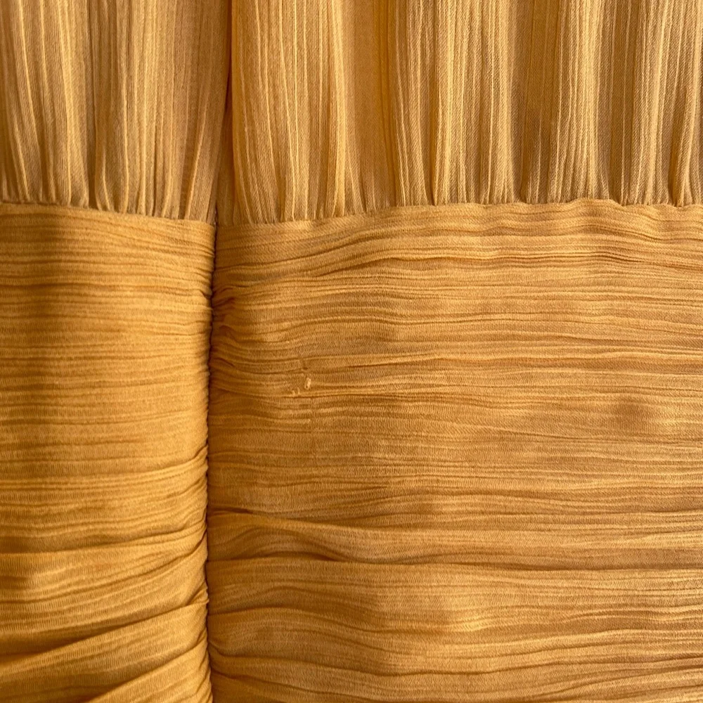 ASOS Mustard Yellow Saffron Chiffon Boho Lace Crochet Ruched Mini Dress - Picture 13 of 13